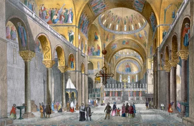 Interieur van de San Marco Basiliek, kijkend naar de koepel, uit Views of Venice door Cecchini, Pividor en Viola, c.1850