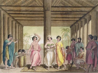 Interieur van een Tahitiaans huis met dansende meisjes, illustratie uit een collectie vroege 19e-eeuwse reisboeken