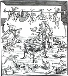 Interieur van een Italiaanse keuken, naar een houtsnede in Banchetti compositioni di Vivende door Christoforo di Messisburgo, gepubliceerd 1549