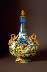 Io en Juno. Keramische kan uit het atelier Fontana in Urbino, Italië. 16e eeuw. Museo Nazionale del Bargello, Florence, Italië