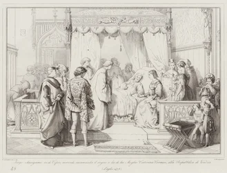 Jacopo Lusignano koning van Cyprus, stervend, beveelt het koninkrijk en zijn vrouw Caterina Cornaro aan