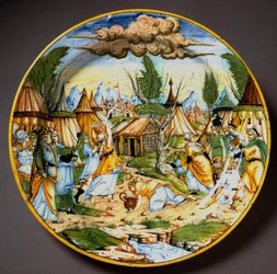Joden in de woestijn (of het verzamelen van manna). God voedt de Israëlieten, die anders zouden verhongeren, met kwarteleieren en manna (Manna). Keramische schotel uit het atelier Fontana in Urbino, Italië. Rond 1560. Museo Nazionale del Bargello, Florence
