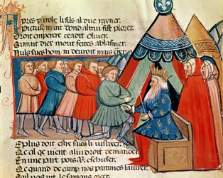 Ridders die hun trouw zweren aan Karel de Grote (742-814) uit een Venetiaans codex