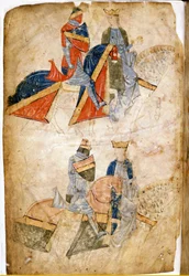 Lancelot du Lac met Koningin Guinevere. Manuscript door Rusticano da Pisa. uit de 13e eeuw. Venetië Biblioteca Marciana