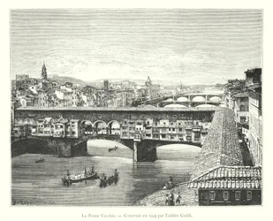 De Ponte Vecchio, gebouwd in 1345 door Taddeo Gaddi (gravure)