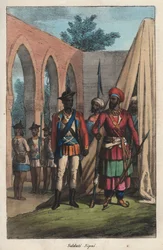 De sepoys, leger samengesteld uit Indiërs in dienst van de Oost-Indische Compagnie - Indiase sepoy (soldaat) - gravure uit 