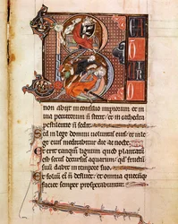 Lettrine B versierd met de voorstelling van koning David die pslaterion speelt en Goliath verslaat Pagina uit het manuscript 
