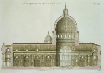Langsdoorsnede van de Sint-Pietersbasiliek in Rome, plaat 26 uit Deel III van De geschiedenis van de naties, gegraveerd door G. Lago