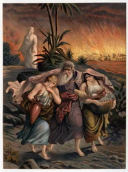 Lot ontsnapt aan de vernietiging van Sodom met zijn twee dochters en zijn vrouw verandert in een zoutpilaar - in "Aurea Bibbia classica: storia della rivelazione divina nell