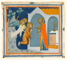 MS McClean folio 201.4 r St. Maria Magdalena, in de wildernis rond Aix, gedragen door engelen naar St. Maximin, die haar laatste communie toedient, ca. 1330