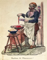 Macaroni verkoper, Prent, Italië