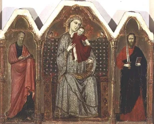 Madonna en kind op de troon, met HH. Johannes de Evangelist en Paulus, Riminese School (drieluik paneel)