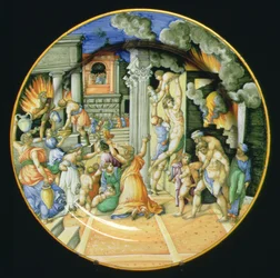 Maiolica bord dat de verbranding van Troje afbeeldt met Aeneas die zijn vader Anchises op zijn rug draagt met zijn zoon Ascanius aan zijn zijde, Italiaans