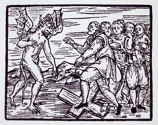 Mannelijke heks die Christus afzweert, kopie van een illustratie uit Compendium Maleficarum door Fr M Guaccius, Milaan 1608, gebruikt in History of Magic, gepubliceerd eind 19e eeuw