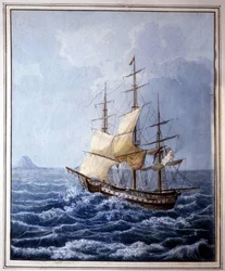Marie Louise van Parma aan boord van een zeilboot op weg naar Napels op 10/07/1824, schilderij door B. Boccaccio. Museo Glauco Lombardi van Parma