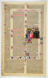 Marlay Cutting IT.9: Blad met miniatuur uit Gratians Decretum met twee jongens naar een klooster gebracht door hun ouders