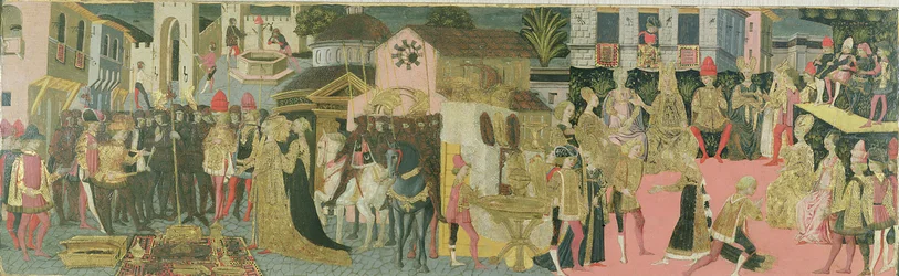 Huwelijksceremonie geschilderd op cassone paneel, Florentijnse School, c.1430