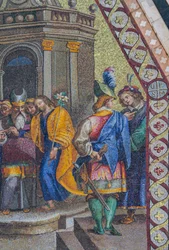 Huwelijk van de Maagd, mozaïek, bovenste cusp in gevel van de kathedraal van Orvieto, Umbrië, Italië
