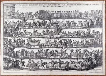 Maskerade: processie en dans van mensenmaskers ter gelegenheid van carnaval. Milaan 20/02/1764. Gravure uit de 18e eeuw