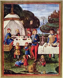 Maximiliaan Sforza als kind aan het eten in de tuin, illustratie uit een kopie van 