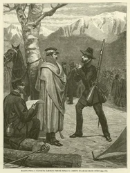 Mazzini bidt en smeekt Ramorino om de weg te hervatten waarop ze het eens waren (gravure)