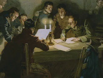 Bijeenkomst van de eerste partizanen die de bezetters weerstaan, geboorte van de Carbonari, illustratie uit een album over de geschiedenis van Risorgimento gemaakt voor de chocolade Talmone, eind 19e eeuw