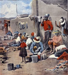 Mexicaanse Revolutie: gevluchte gezinnen op de vlucht voor de opmars van de rebellen Illustratie van Minardi in "L