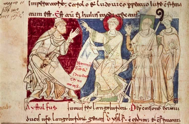 Miniatuur uit Chronicon Vulturnense, verlucht handschrift samengesteld door monnik Iohannes, ca 1130