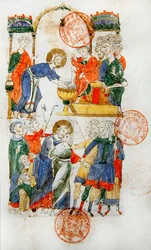 Ms. 364: Jezus wast de voeten van de discipelen tijdens het Laatste Avondmaal en de kus van Judas, uit het brevier van Monte Cassino