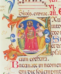 Ms. 559 f.155v Geïllustreerde initiaal O met koning David en twee engelen, uit het Psalter van Santa Maria Novella, verlucht door Paolo Soldini (fl.1342-86) 1379