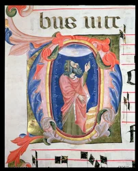 Ms 570 f.105r Geïllustreerde initiaal D met koning David in gebed