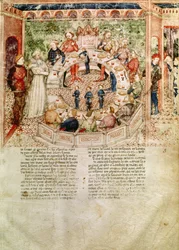 Sir Galahad wordt verwelkomd aan de Ronde Tafel, uit de Queste del Saint Graal, c.1380-85