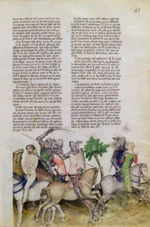 Een ridder van de Ronde Tafel, Sir Bors, moet kiezen tussen het redden van zijn broer Lionel of het redden van een jonkvrouw, uit de Queste del Saint Graal, c.1380-85