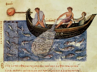 Vissen met een Net, illustratie uit de Halieutica door Oppian