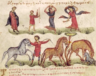 Ms Grec 479 Paardentrainers, illustratie uit de Halieutica of de Cynegetica door Oppian