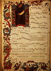 Ms Med. Pal. 87 Pagina van Muzikale Notatie met geïllustreerde initiaal, uit de Squarcialupi Codex, geproduceerd in het Florentijnse klooster van S. Maria degli Angeli