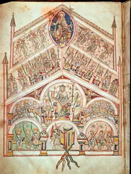 De Hemelse Stad met Christus op de troon, illustratie bij de editie van de originele tekst geschreven door St. Augustinus van Hippo in 413-426, uit De Civitate Dei