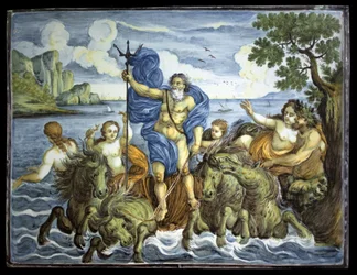 Neptunus op zijn tank en met een drietand. Rechthoekige plaat, decoratie van groot polychroom vuur, gemaakt in Castelli, Italië