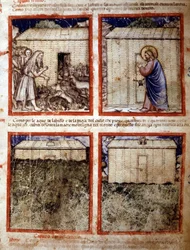 De Ark van Noach, Miniatuur genomen uit codex 212 (of padovano codice of Bijbel van Padua) 1390-1400 Rovigo, Accademia dei Concordi