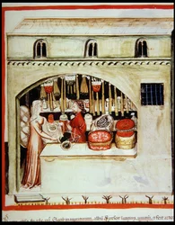 Verkoop van rijst, uit Tacuinum Sanitatis Codex Vindobonensis