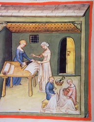 Nova 2644 fol.105v De Kleermakerswinkel: Kleding van Linnen, uit Tacuinum Sanitatis