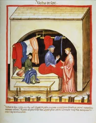 Nova 2644 fol.106r De Kleermakerswinkel: Kleding van Zijde, uit Tacuinum Sanitatis