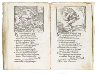 Pagina uit "Sonetti Lussuriosi" van Pietro Aretino, geïllustreerd door Giulio Romano en gegraveerd door Marcantonio Raimondi, uitgegeven in Venetië, ca. 1527