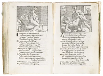 Pagina uit „Sonetti Lussuriosi“ van Pietro Aretino, geïllustreerd door Giulio Romano en gegraveerd door Marcantonio Raimondi, gepubliceerd in Venetië, ca. 1527