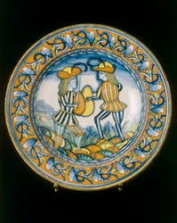 Bord met twee soldaten die met zwaarden vechten, Deruta-fabricage