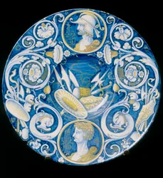 Bord met wapens en krijgers, werk van Deruta-manufactuur