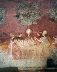Spelen met tarotkaarten, scène uit de Spelencyclus, ca. 1445-1450, fresco, Palazzo Borromeo, Milaan, Lombardije, Italië