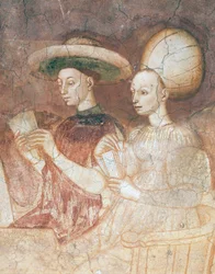 Spelen met tarotkaarten, scène uit de Spelencyclus, ca 1445-1450, fresco, Palazzo Borromeo, Milaan, Lombardije, Detail
