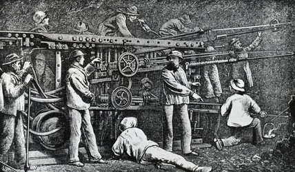 Pneumatische rotsboormachine gemaakt door Giovanni Battista Piatti en geperfectioneerd door Germano Sommeiller (1815-1871), gravure Italië