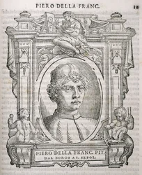Portret van Piero dell Francesca (1415-92) uit Vasaris Levens van de Kunstenaars, voor het eerst gepubliceerd in 1550